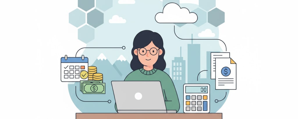 Illustration of a remote worker at a desk with a laptop, surrounded by tax-related icons like a calculator, money, and documents, symbolizing remote work tax obligations.