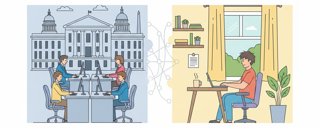 Visual comparison of federal employees working in an office versus working remotely from home, representing the debate over the future of federal remote work policies in 2025.